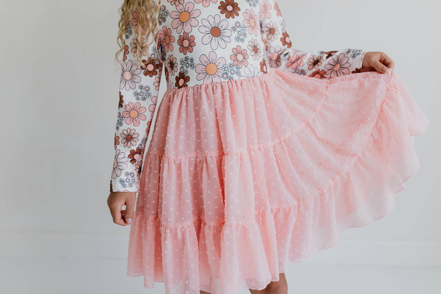 Girls Pink Retro Flower Print Swiss Dot Tulle Fall Dress