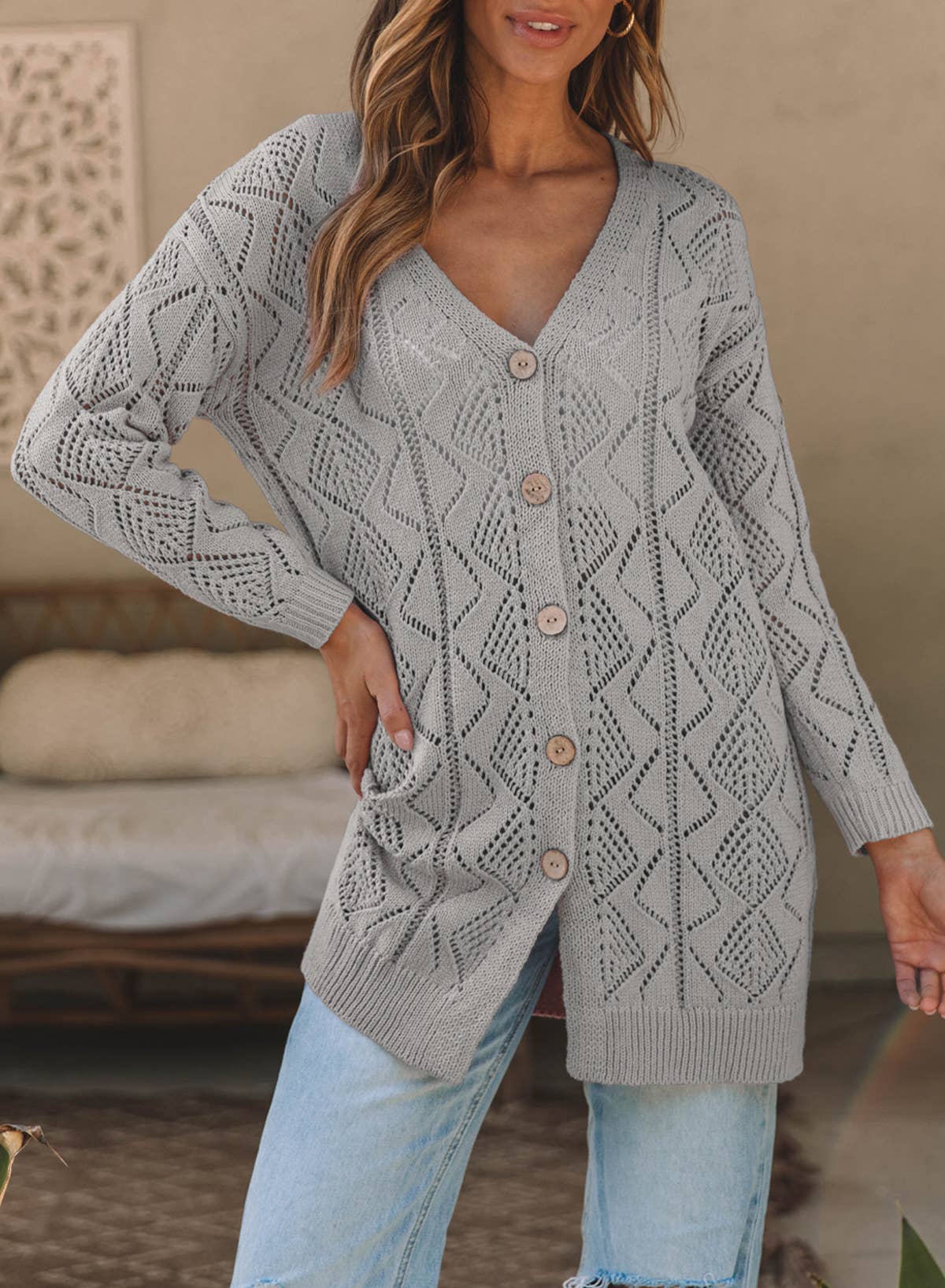 Khaki Hollow-out Openwork Knit Cardigan Sweater Coat