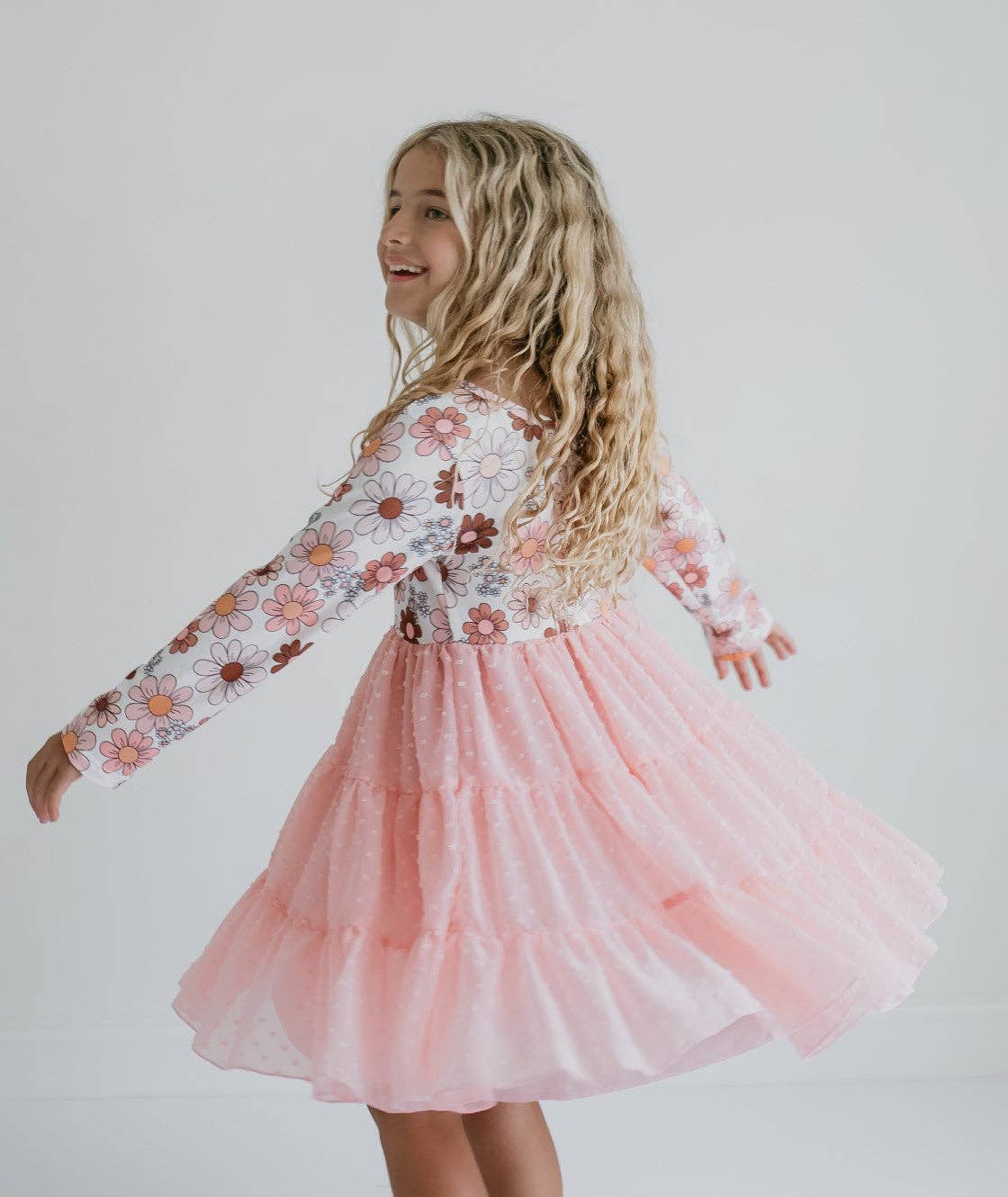 Girls Pink Retro Flower Print Swiss Dot Tulle Fall Dress