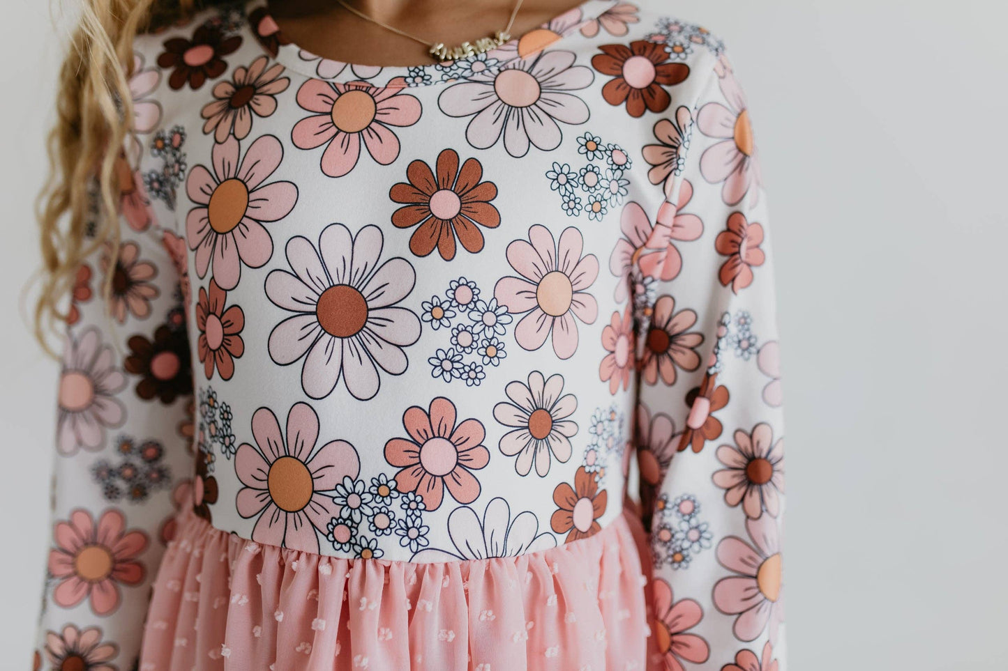 Girls Pink Retro Flower Print Swiss Dot Tulle Fall Dress