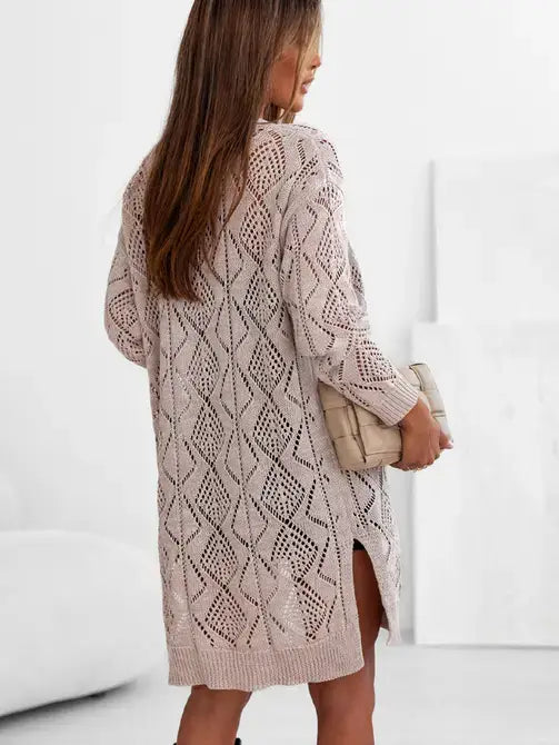 Khaki Hollow-out Openwork Knit Cardigan Sweater Coat