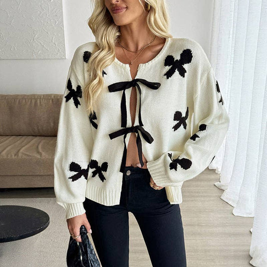 Sweet Bow Knitted Long-sleeved Cardigan