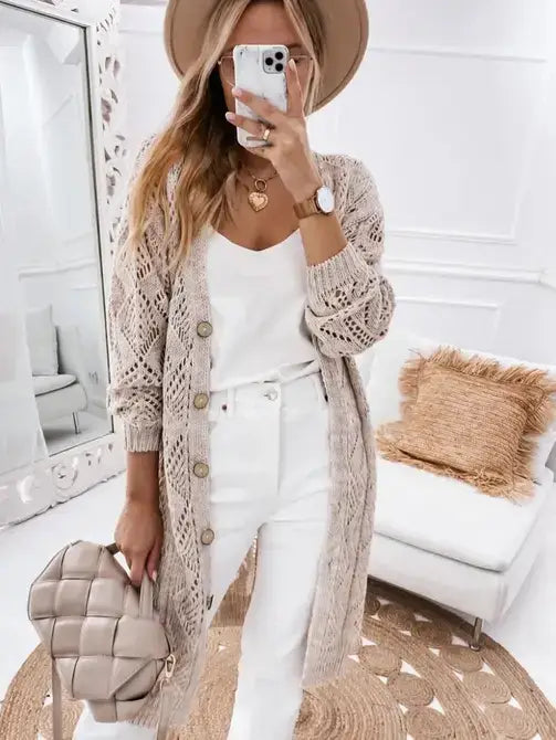Khaki Hollow-out Openwork Knit Cardigan Sweater Coat