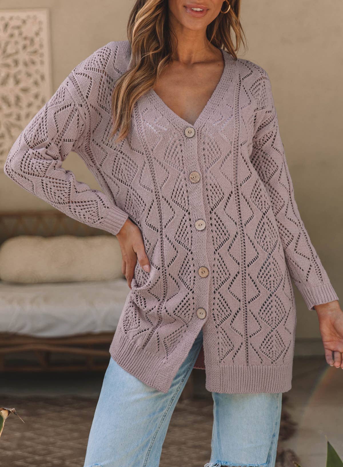 Khaki Hollow-out Openwork Knit Cardigan Sweater Coat