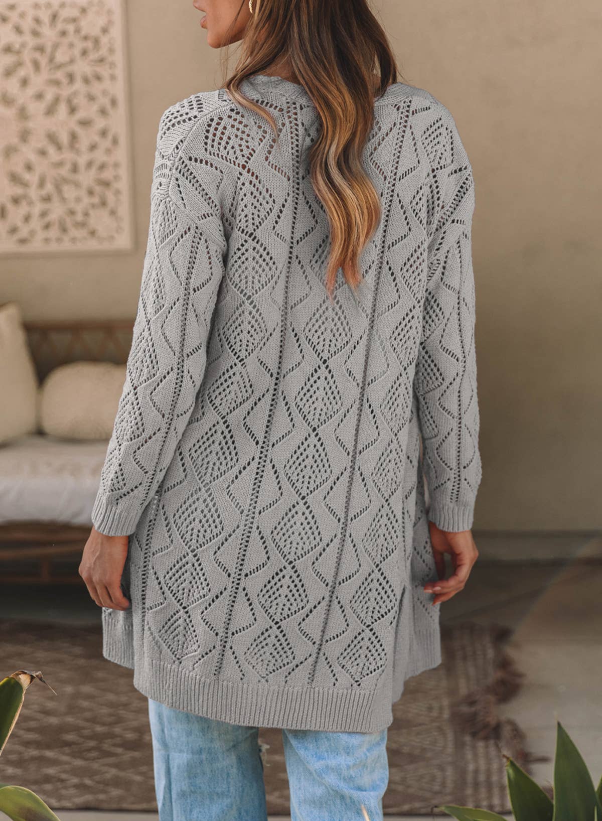 Khaki Hollow-out Openwork Knit Cardigan Sweater Coat