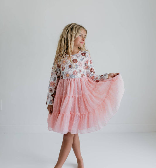 Girls Pink Retro Flower Print Swiss Dot Tulle Fall Dress