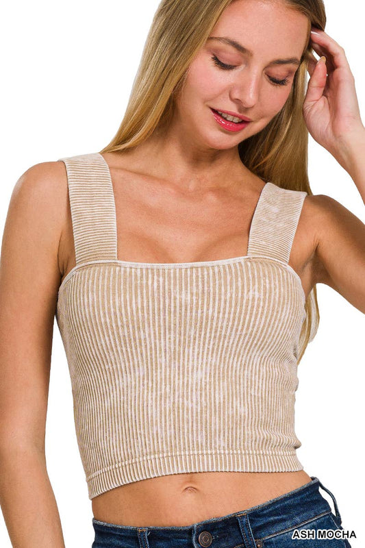 Washed Seamless Wide strap crop tank w\ Bra Pads