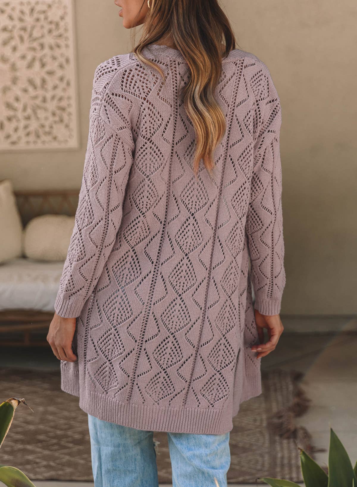 Khaki Hollow-out Openwork Knit Cardigan Sweater Coat