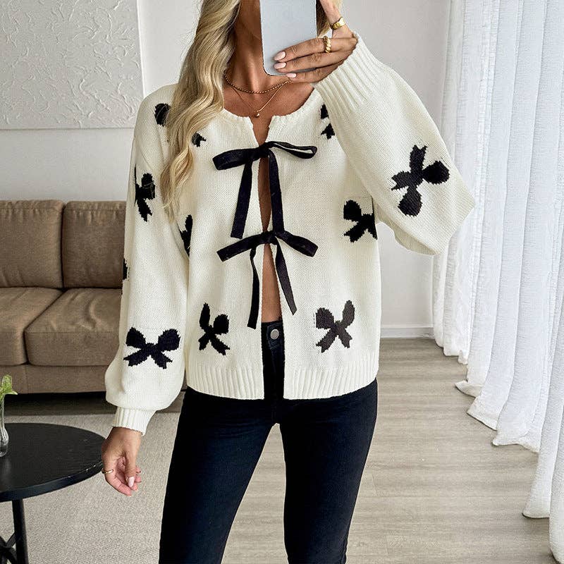 Sweet Bow Knitted Long-sleeved Cardigan